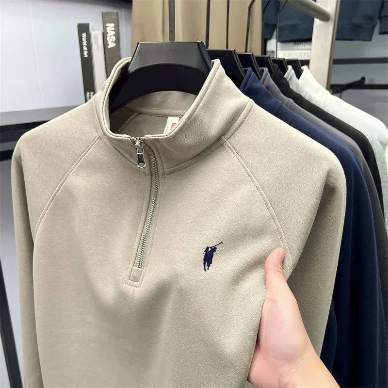 Half zip hoodie men's long sleeved t-shirt autumn plus size middle-aged and young embroidered pony logo collar polo shirt top