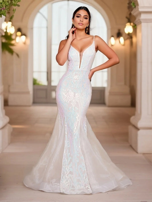 Romagic Deep V Neck Sleeveless White Wedding Party Dress Luxury Spaghetti Strap Sequined Evening Gown Women Maxi Dresses 2025
