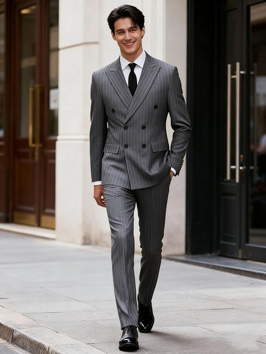 2pc Striped Double Breasted Men’s Suit Set(Jacket+Pants) Business Formal Man Suits Wedding Party Prom Dinner Work Travel Dinner
