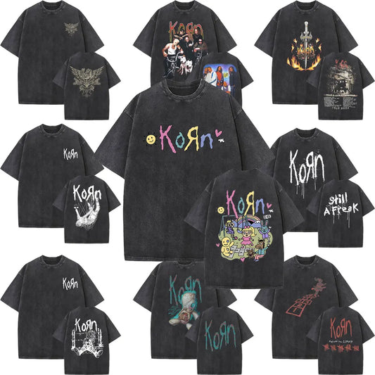 Washed Vintage Rock Band Korn Ftl 25 Follow The Leader T Shirt Men Gothic Casual Oversized Tees Male T-shirt Mens Vintage Tshirt