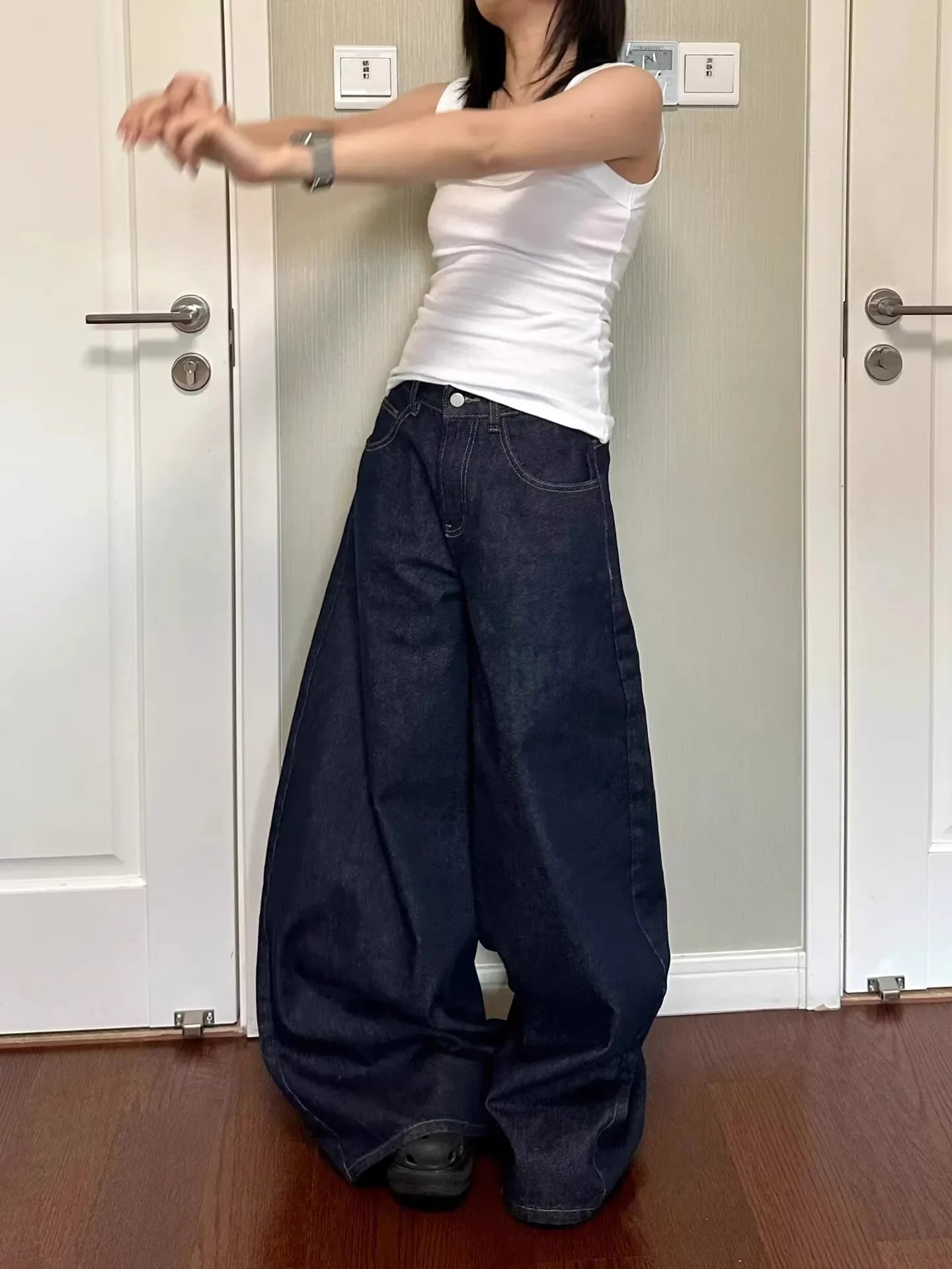 Casual Dark Blue Wide Leg Denim Jeans