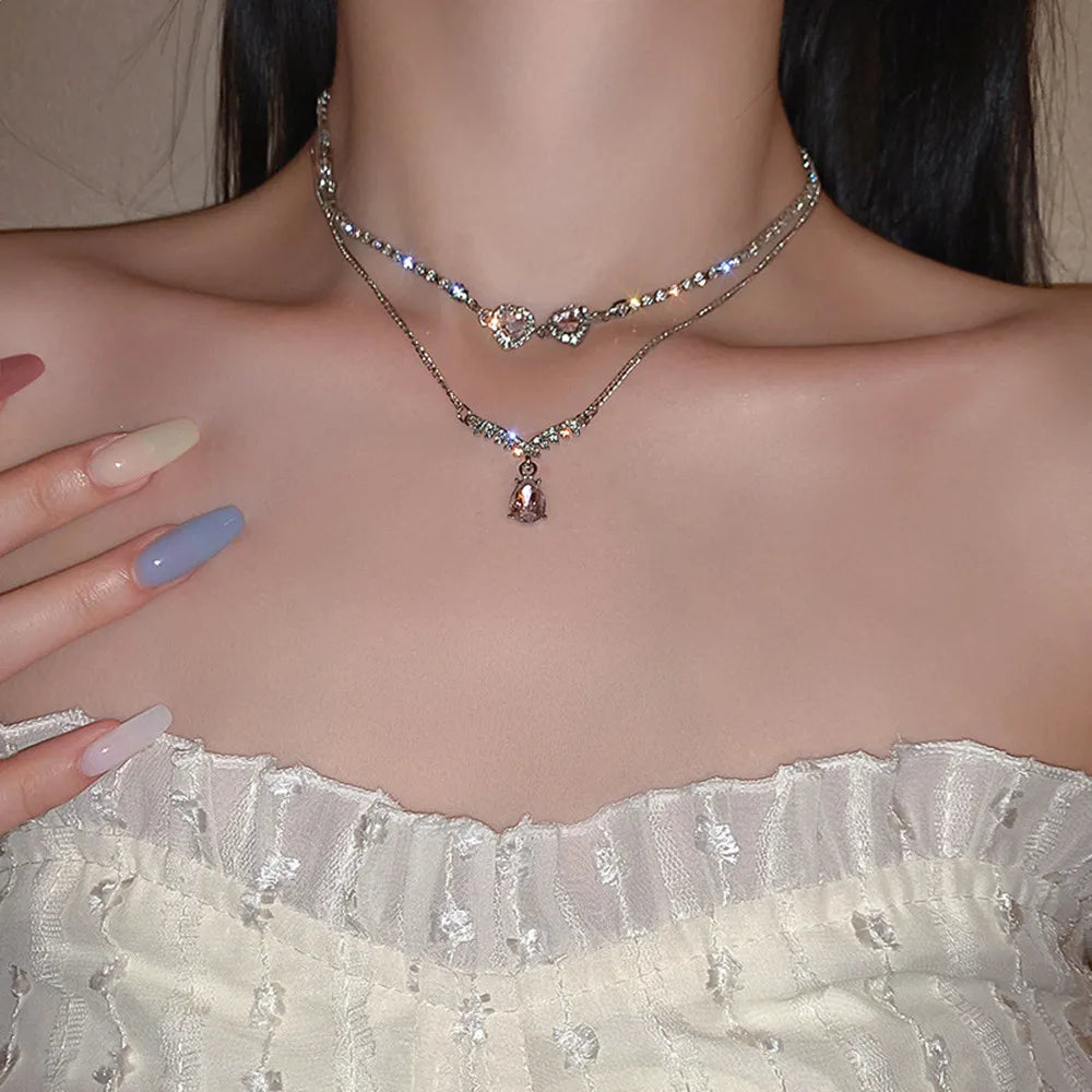 Heart Shape Pendant Necklaces Silver Color 5A Cubic Zirconia Minimalist Style Clavicle Chain Women And Girl Jewelry