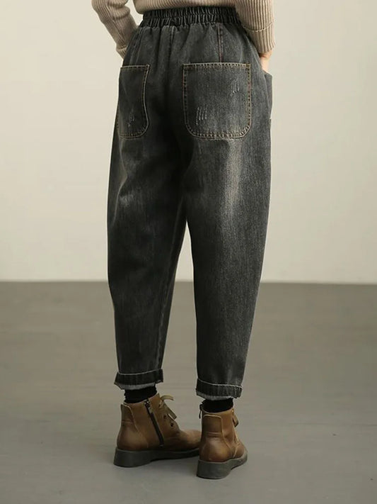 Casual Big Pocket Ankle Length Denim Pants