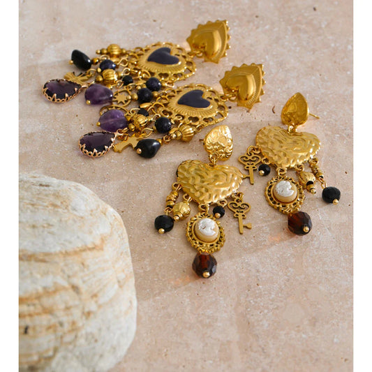 Vintage Stainless Steel Heart Cross Key Charm Pendant Drop Earrings Golden Plated Crystal Resin Stone Waterproof Jewelry