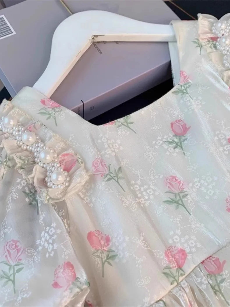 Vestido de princesa para meninas de 2 3 4 5 6 8 anos, verão, estampado com flores, manga bufante, laço de tela, vestido de festa de aniversário tutu