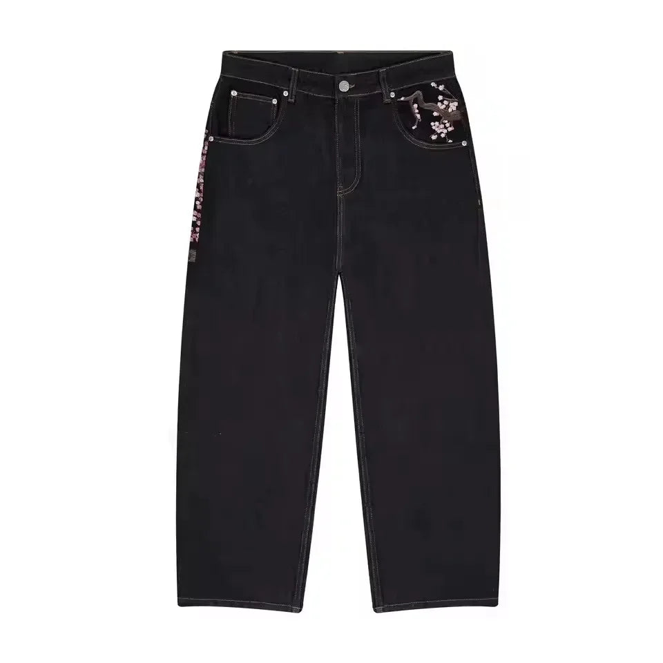 Y2K Vintage Low Waist Hip Hop Cherry Blossom Embroidered Jeans Wide Leg Trousers Clothes Mens Embroidered Baggy Jeans Womes