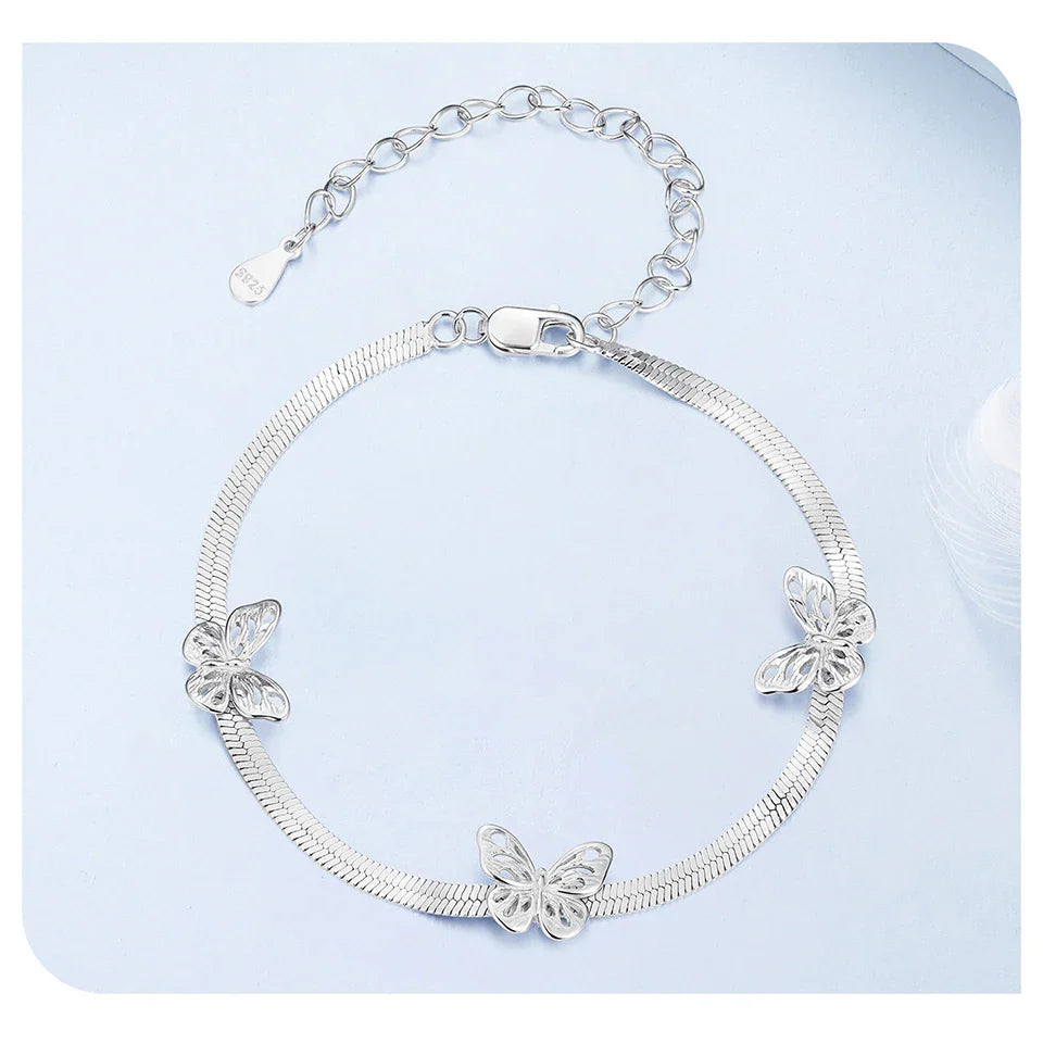 Hollow Butterfly Bracelets Wide Flat Snake Link Chain Charm Bangle Adjustable for Women Jewelry Gift 925 Sterling Silver
