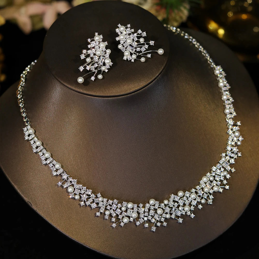 Gorgeous Cubic Zirconia Stone Choker Fashion Pearl Necklace for Women Wedding Bridal Costume Jewelry Set X0620