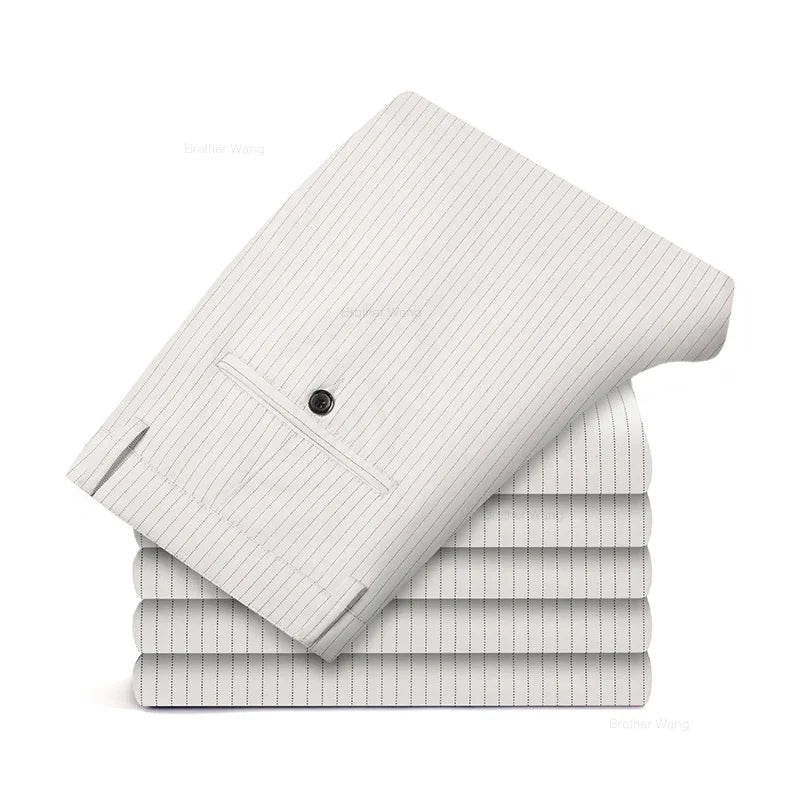 New Men's Business Straight Striped Casual Pants High Quality British Fashion Soft Elastic Trousers Black White Khaki Gray
