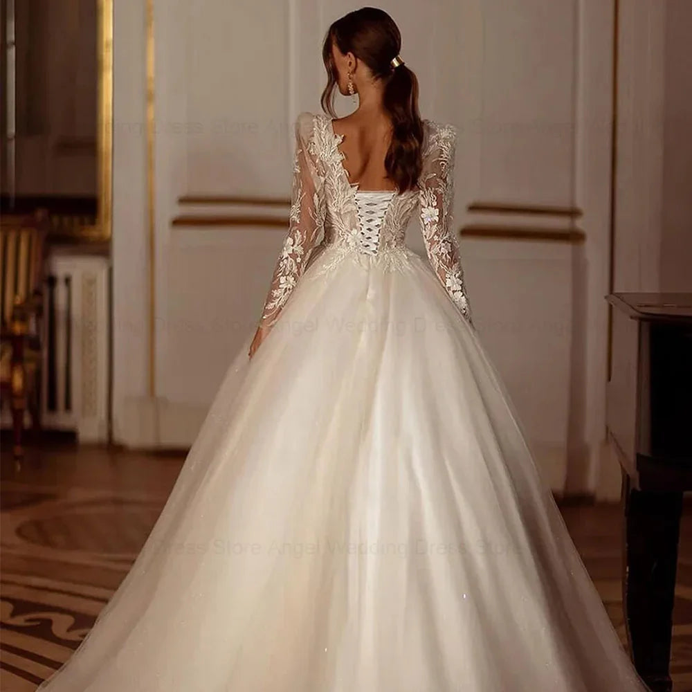 Luxury Shiny Long Sleeves Wedding Dress 2025 A-Line Lace Up Women Bridal Gown Customized Applique Beading Vestido De Novia
