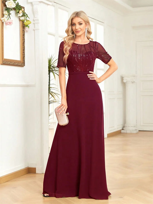Elegant Short Sleeves Sequins Formal Evening Dresses Women Chiffon Mermaid Bridesmaid Party Maxi Prom Cocktail Gowns