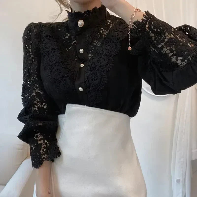 New Women's Long Sleeve High Neck Chic Blouse, Lace Paneled Hollow Sleeve Elegant Top, Vintage Fashion Office Lady Outfits