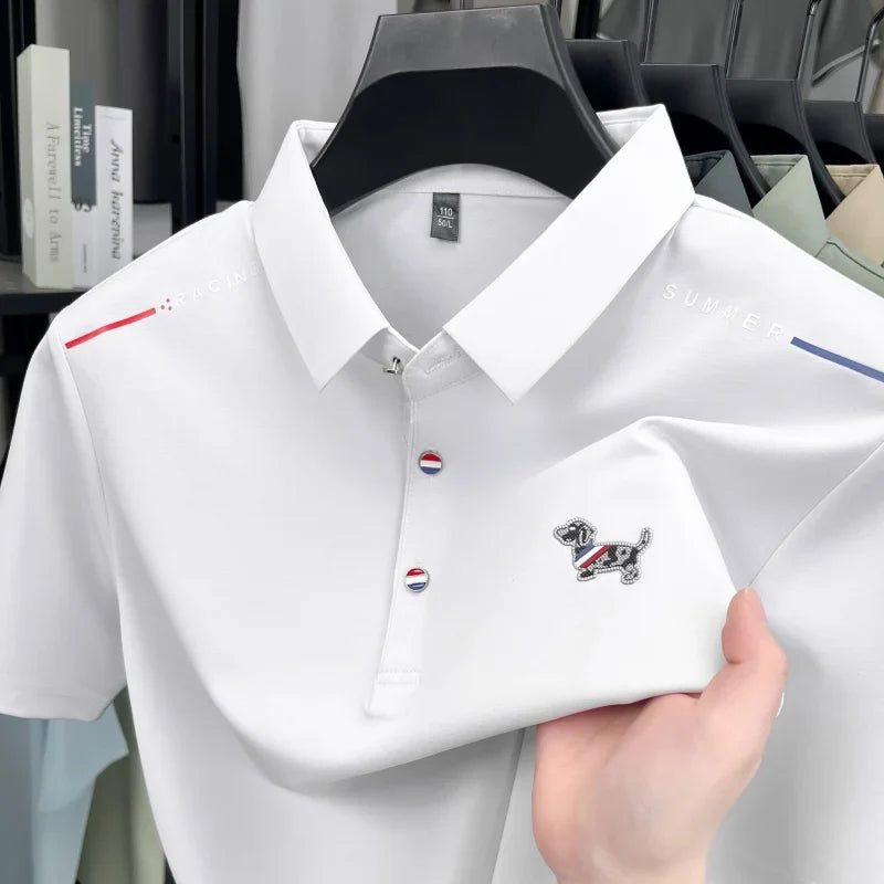 New Business Men's Lapel Polo Shirt High End Design Cartoon Dog Print Short Sleeve T-Shirt Summer Fashion Breathable Men's Wear