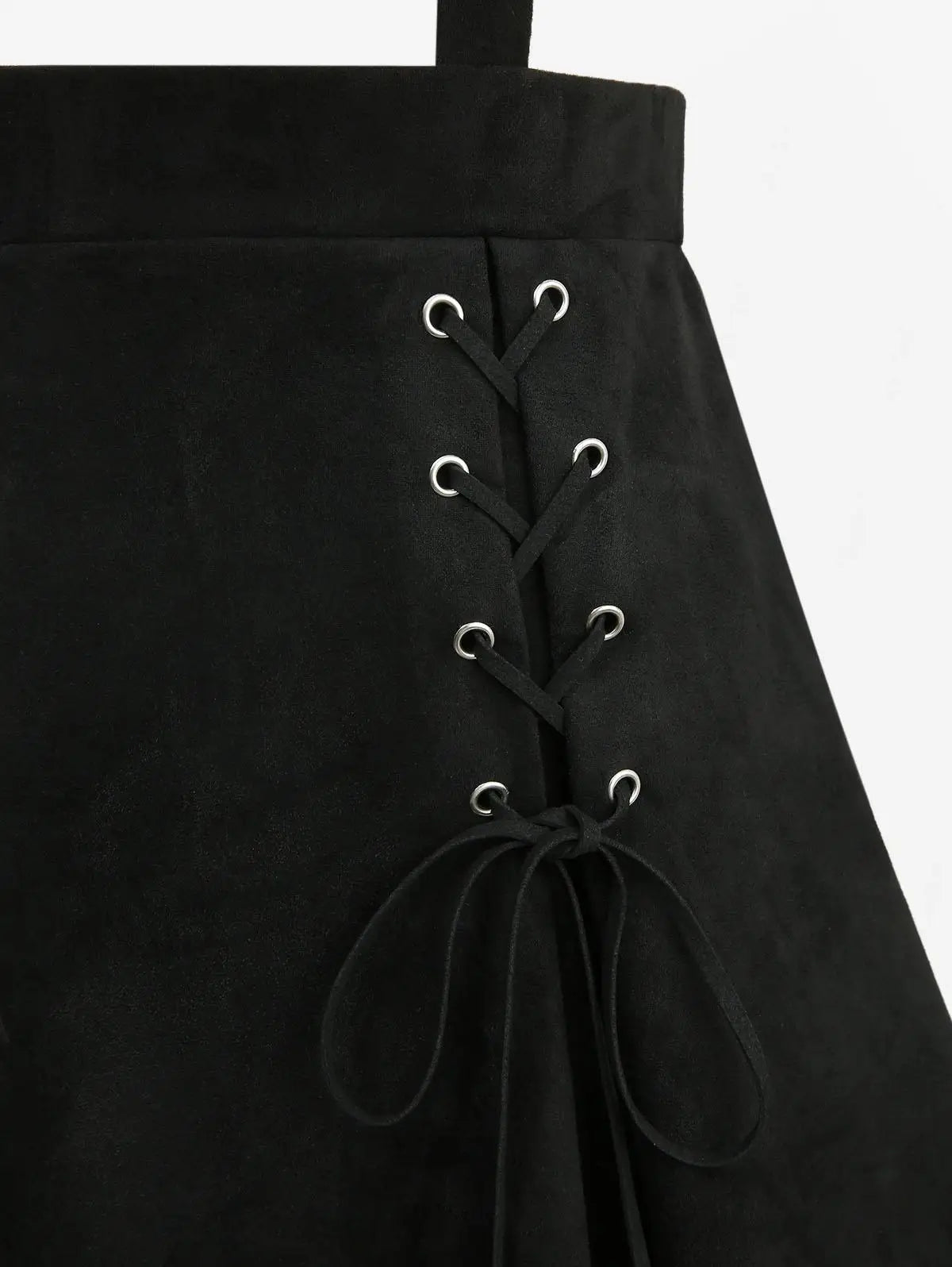 S-3XL Black Lace Up Crisscross Strappy Buckle Grommet Skirts Suspenders Detachable, Women Casual Knee-Length Suspender Skirt