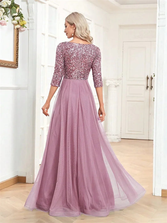 Vestido de Noite de Luxo com Lantejoulas Decote V Feminino Elegante Tule Festa Maxi Vestido Manga Curta Formatura Baile de Gala Chiffon Comprimento Chão