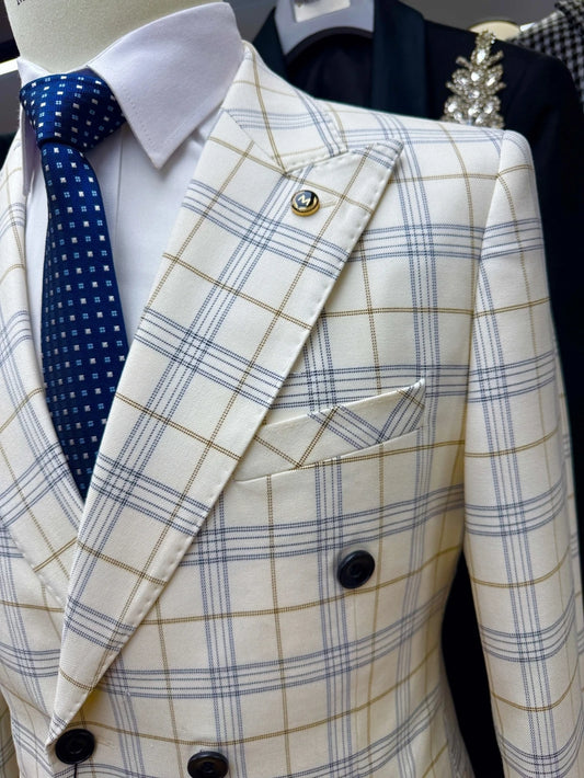 Classic Handsome Plaid Suit Set 2 Pieces For Men Business Outfit Double Breasted Men's Slim Fit Suits Wedding Groom Sets