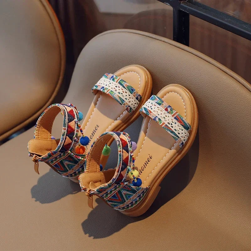 Ethnic Style Simple Children Roman Shoes 2024New Soft Breatheable Flats Open-toe Kids Shoes Non-slip Girls Sandals GLADIATOR
