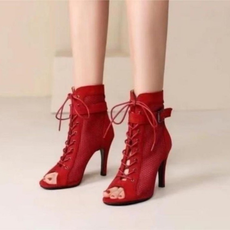 New Noble High Quality Jazz Dance Shoes for Women's Sexy Red Heels Ankle Boots Peep Toe Zipper Indoor Dancing Sandals