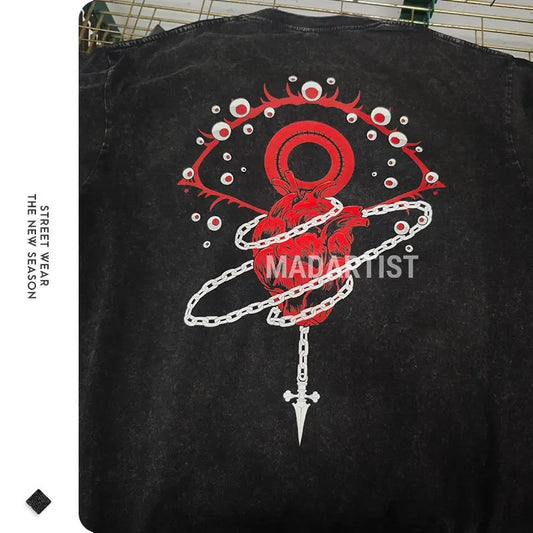 Vintage Washed Anime Hunter T-Shirt Men's Oversized 100% Cotton Comfortable Fit Tee Casual Streetwear