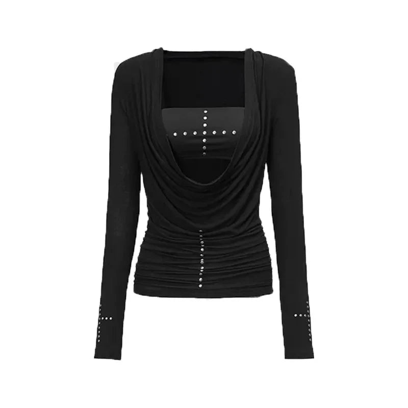 Y2k Japanese T Shirt Women Black Rivet Punk Tops Swing Collar Streetwear Two Pieces Tops American Retro 90s Tshirts
