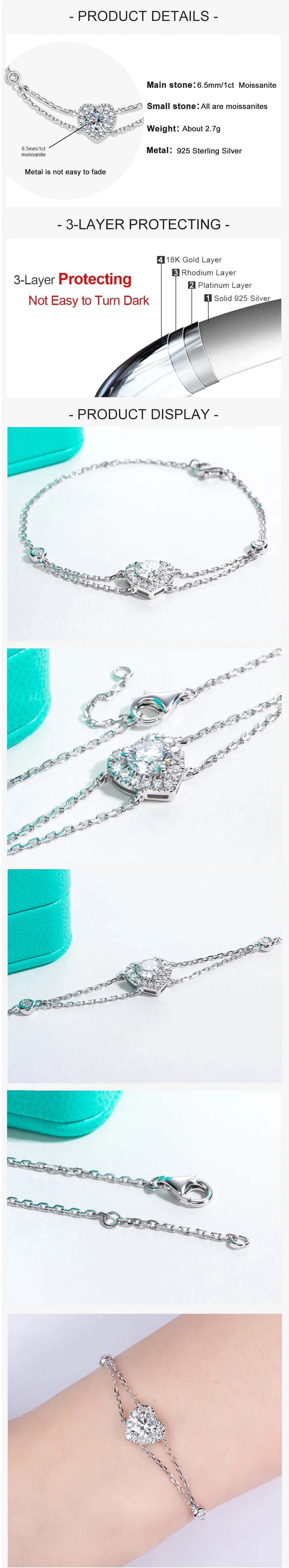 1ct Moissanite Heart Bracelet On Hand 925 Sterling Silver Lab Created Diamond 17.5cm Adjustable Bracelets For Woman