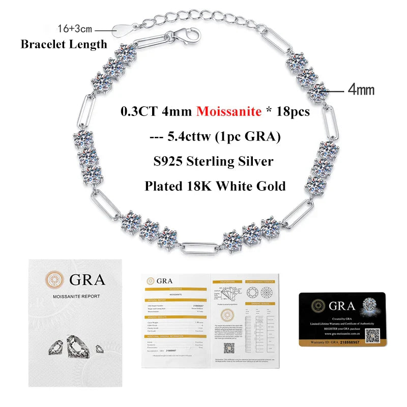 Full 4mm 0.3CT D Color VVS1 Moissanite Diamond Link Bracelet for Woman Man 925 Silver Adjustable 16cm Chain Bracelets GRA