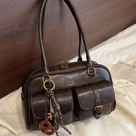 Women's Coffee Brown Multi-Pocket Handbag Shoulder Bag, Stylish Versatile Letter Crossbody Purse for Travel Work Shopping Dates