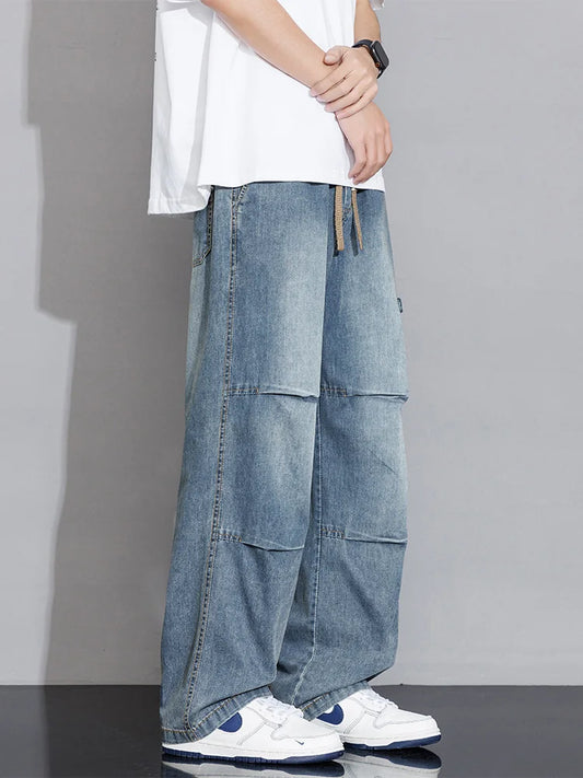 Calça Jeans Cargo Masculina 2026 Nova Primavera Verão Perna Larga Calça Jeans Reta Folgada Tamanho Asiático L-5XL