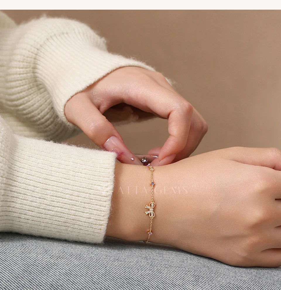 925 Sterling Silver Bow Moissanite Bracelet Sweet Original Design Colorful Pink Zircon Bracelets for Women Party Gifts
