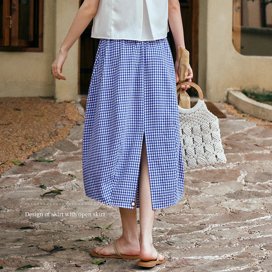 Women's Summer 2026 Midi Elastic Waistband Skirt Elegant Office Ladies Blue Plaid BUD Skirt Female Clothes O57XB99598