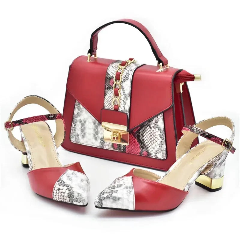 New Design Italian Shoe and Bag Set for Party In Women Ladies Shoes and Sandals Snake Print Heels Wedding Shoes for Women Bride