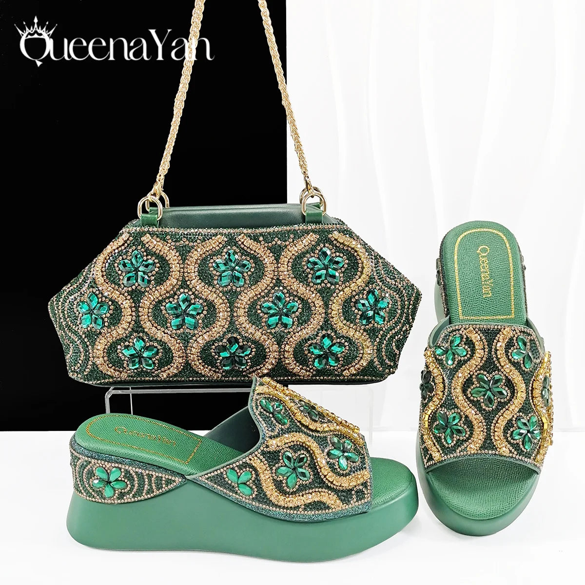 Popularity Open Toe Luxury Fashion Women High Heels Shoes and Bags Set With Rhinestone for Wedding Party Elegant