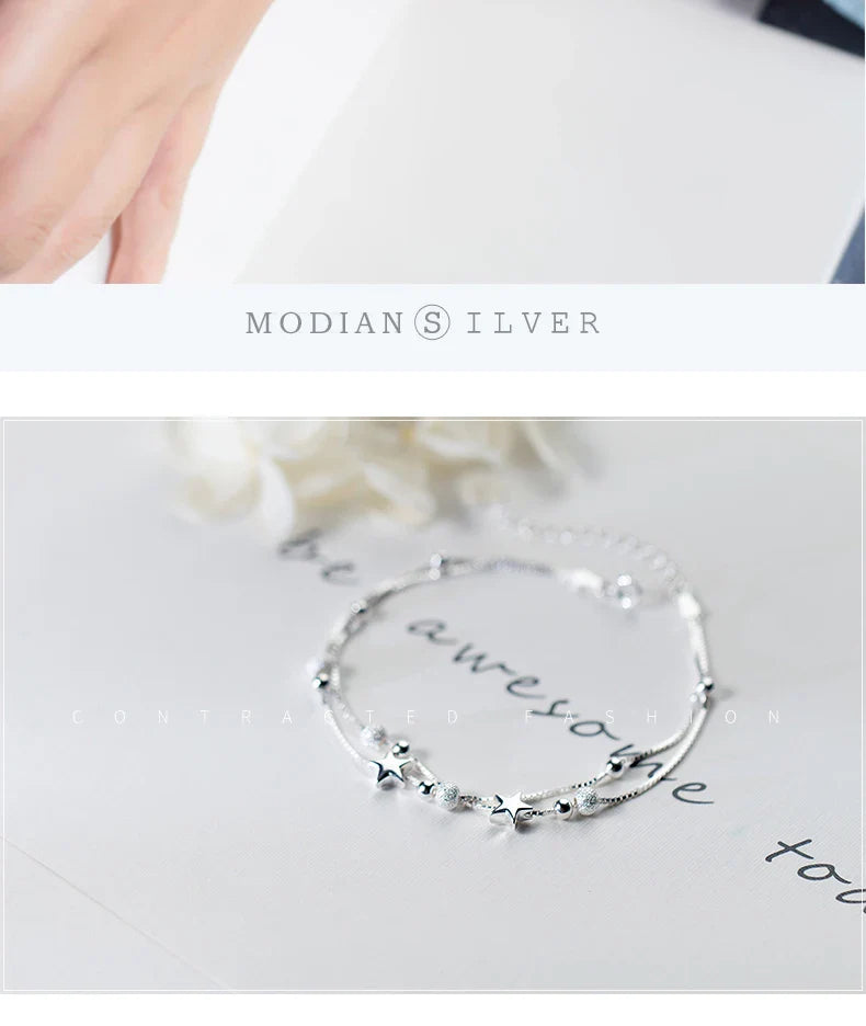 New 925 Sterling Silver Beads Ball Stars Double Layer Bracelet For Women Charm Bracelet Engagement Original Fine Jewelry