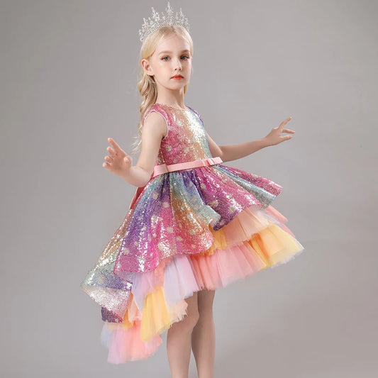 Children's Dress Trailing Princess Spot Pink Girls' June 1 Performance Summer New 2023 Lace Color Matching Mesh