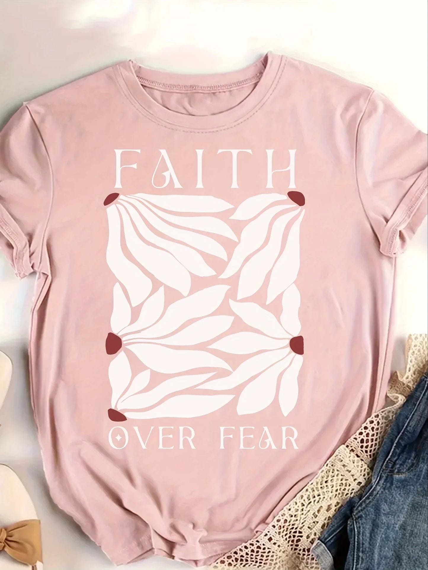 Faith Over Fear Women's Tee - Minimalist Leaf Graphic, Inspirational Casual Top