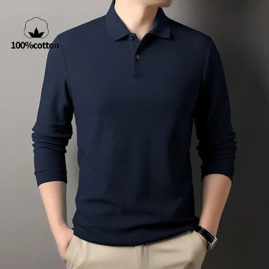 100% Cotton Polo Shirt, Four Seasons Universal Leisure Long Sleeve, Breathable Lapels T-shirt, Perfect for Golf Sports Durable