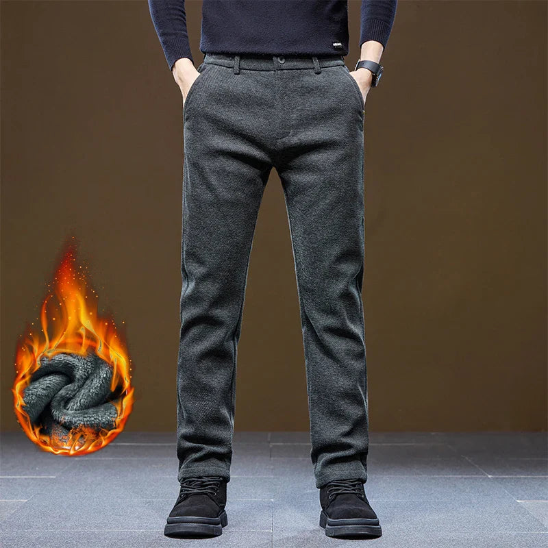 Men's Winter Casual Pants Thick Fleece Warm Elastic Waist Straight Slim Trousers Light Business Comfort Daily Wear Thermal Pants