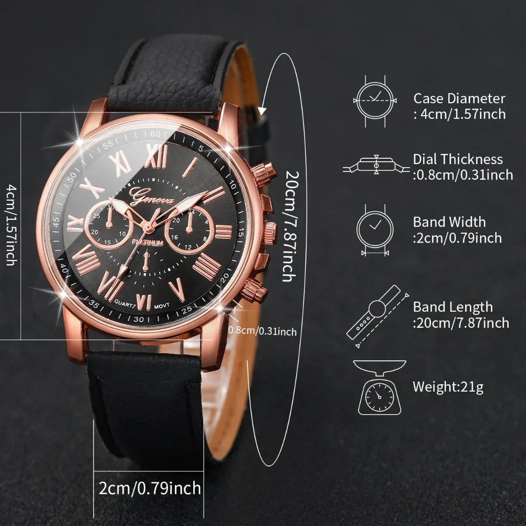 6PCS/Set Fashion Roma Dial Women's Quartz Watch Casual Leather Band Analog Wrist Watches(Without Box)