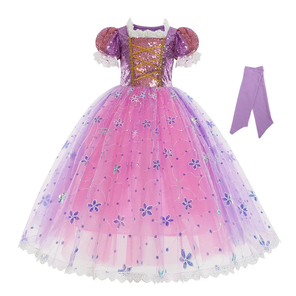 Short Sleeve Purple Puffy Dress + Accessories Girls Cosplay Rapunzel Summer Casual Dress Birthday Party Gift