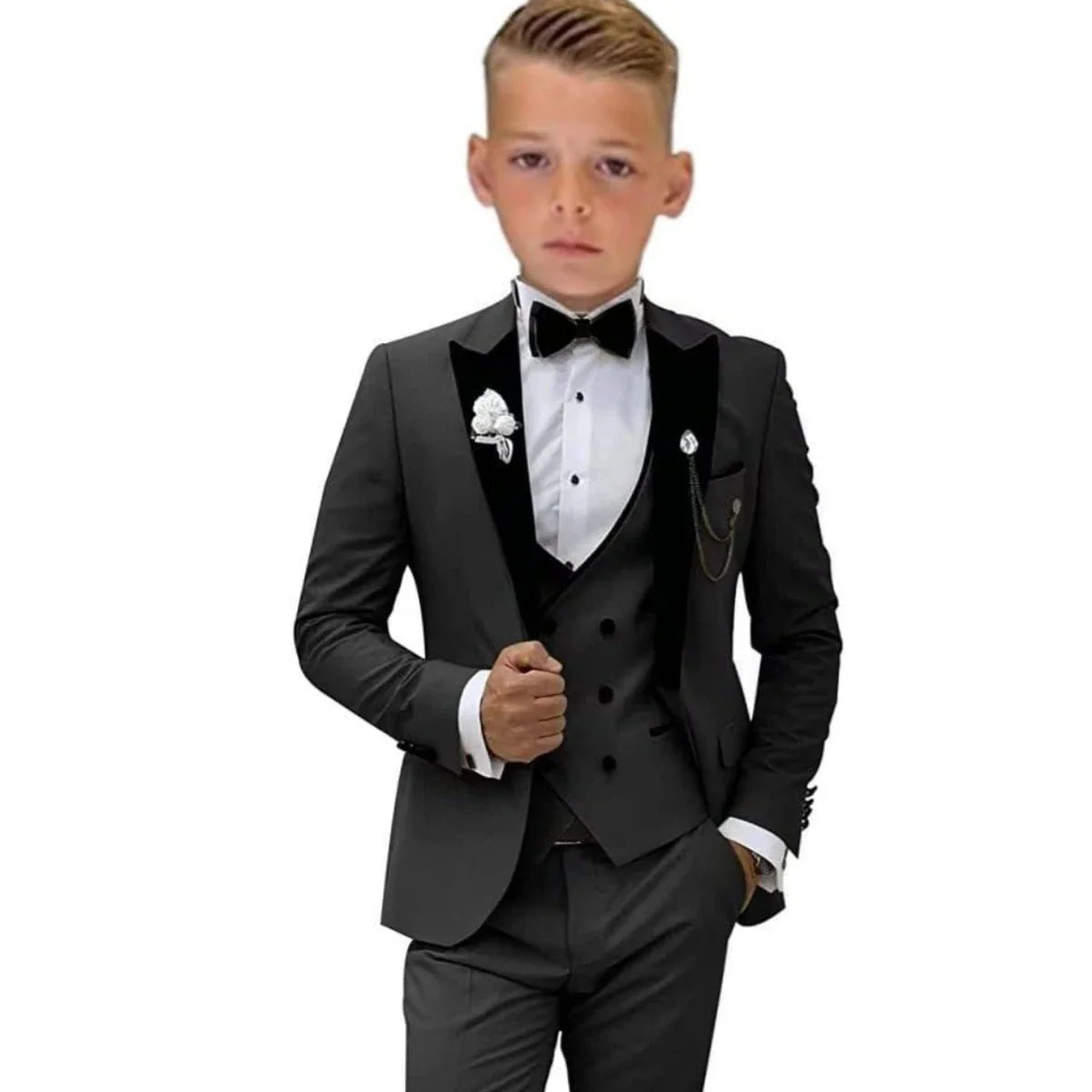 2025 Hotest Boys Formal Suit Set with Velvet Collar - One Button Blazer Vest Pants Bowtie - 3-14 Years Kids Graduation Tuxedo