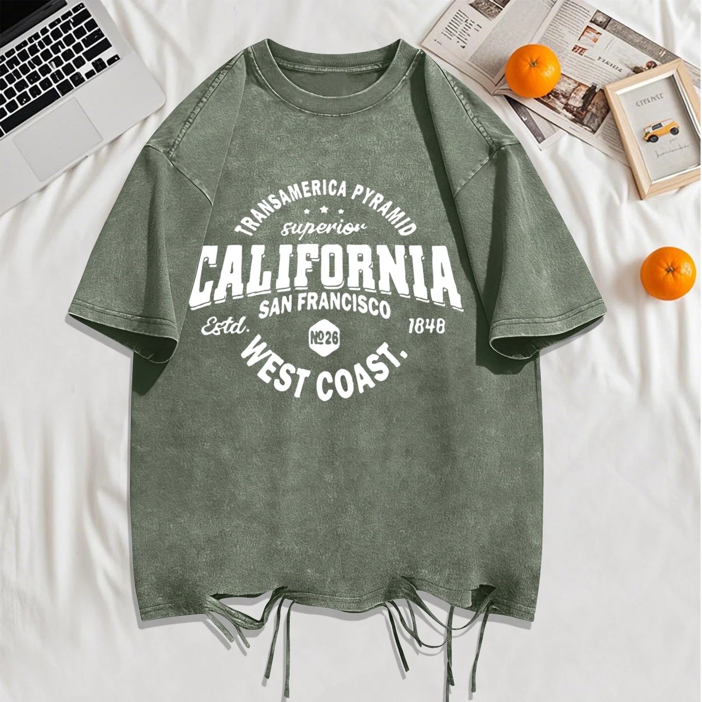 California Sanfrancisco Weat Coast Washed Holes T-Shirt Mens Cotton Soft T Shirts Crewneck Loose Clothes Multicolor Short Sleeve