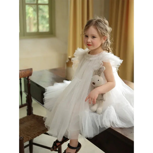 Girls Handmade Splicing Fluffy Gauze Princess Dress Summer New Foreign Dresses Party Dress for Kids Girl