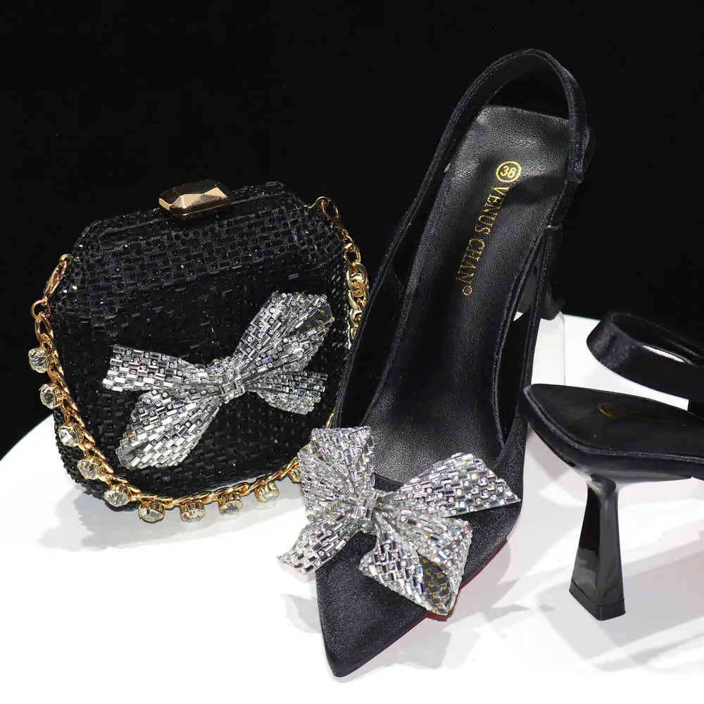 Italian Design Elegant Fuchsia Bow Rhinestone Pumps with Pointed Toe for Women 2024 Party Shoes and Bags Matching Set