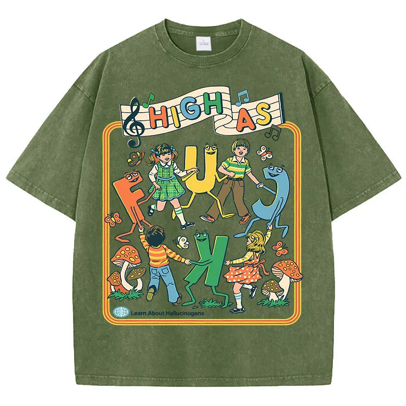 Happy Playing Children Pattern Retro T-Shirt Men Summer Soft Clothing Trendy Crewneck Washed Tops Oversize Cotton Streetwear