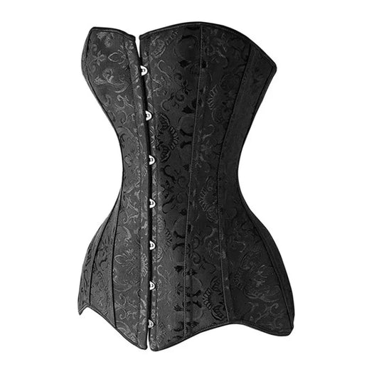 Steel Boned Long Torso Corset Top for Women Gothic Vintage Flower Overbust Bustier Brocade Hourglass Shapewear Corselet