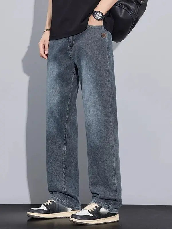 Calça Jeans Masculina Vintage Americana de Perna Larga com Elástico Nova Chegada Ajuste Solto Reto Fluida Versátil Casual