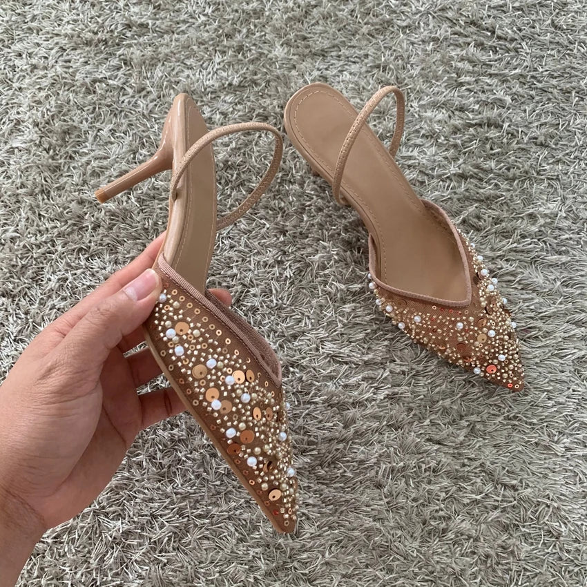 Luxury Fashion Bling String Bead Mesh High Heels Women Sexy Pointed Toe Breathable Heeled Sandals Elegant Slingbacks Women Pumps