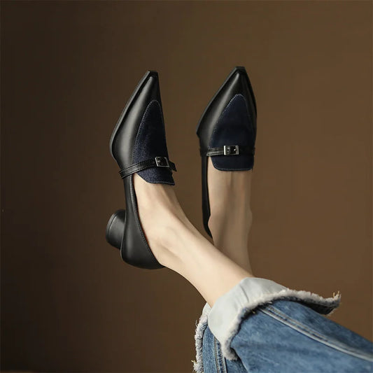 New Summer Style Fashionable Comfortable Wear-resistant Belt Buckle Thick Heel Medium Pointed Matching Women's Single Shoes