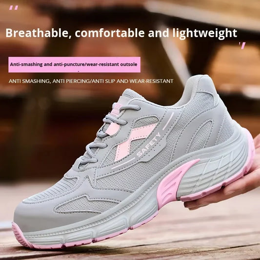 Women‘s Safety Shoes Anti-Smash Anti-Puncture Lightweight Fashionable Grey Pink Color Comfort Fit Daily Wear Protective