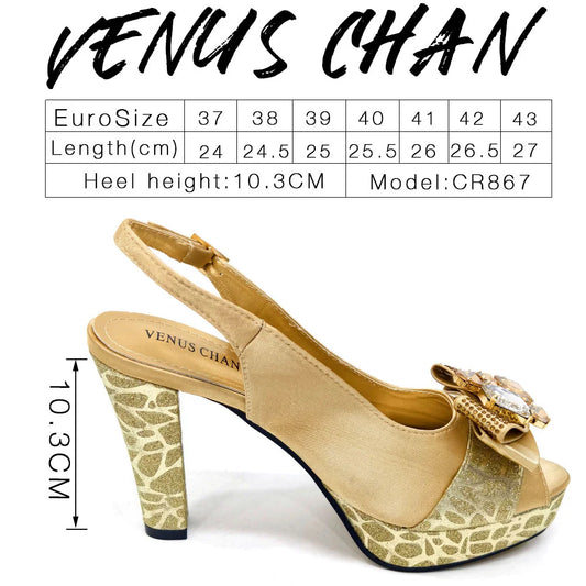 Shoes for Women High Heels INS Style Rhinestone Peep Toe Bow Gold Color New Italian Shoes and Bag for Party 2024